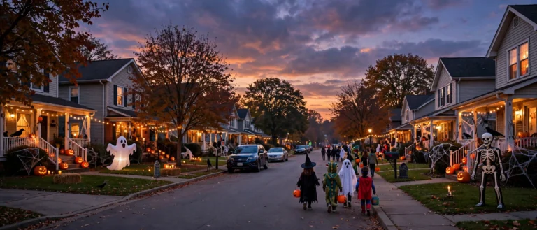 Suburban street decorated for Halloween at dusk with costumed kids trick-or-treating