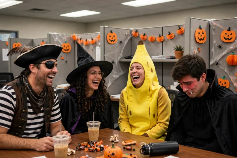 Coworkers dressed as a pirate, witch, banana, and vampire at an office Halloween party