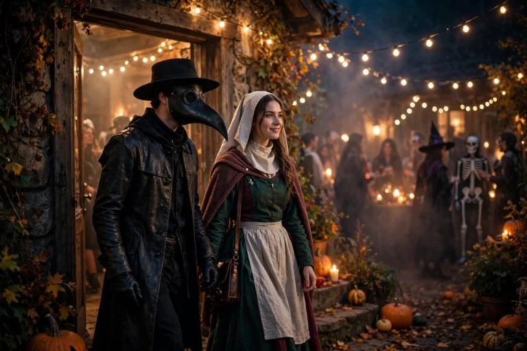 Couple in matching couples costume arriving at a Halloween party