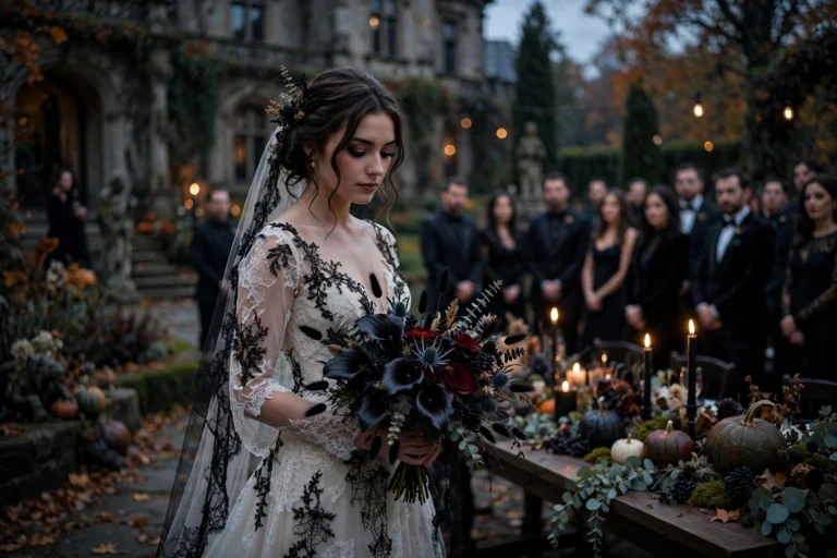 Bride in ivory lace gown holding black calla lily bouquet at a gothic Halloween wedding