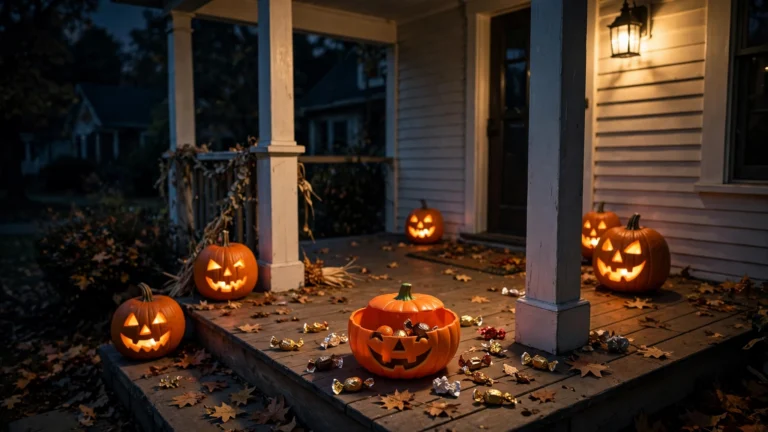 Nearly empty Halloween candy bowl on a porch at night