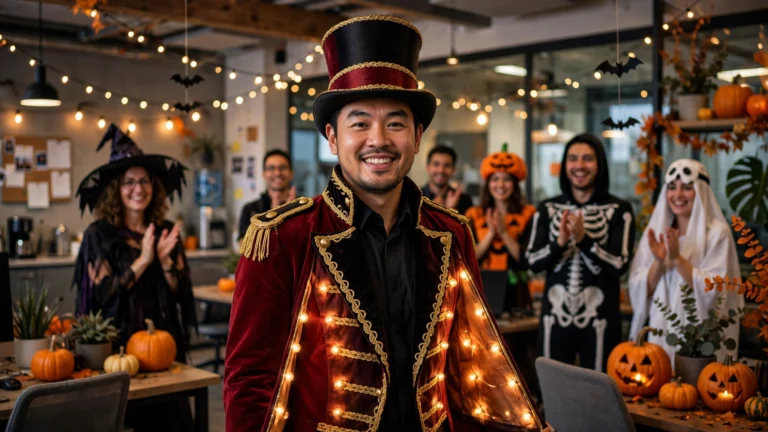 Employee in handmade vintage circus ringmaster costume with LED-lit jacket at an office Halloween party