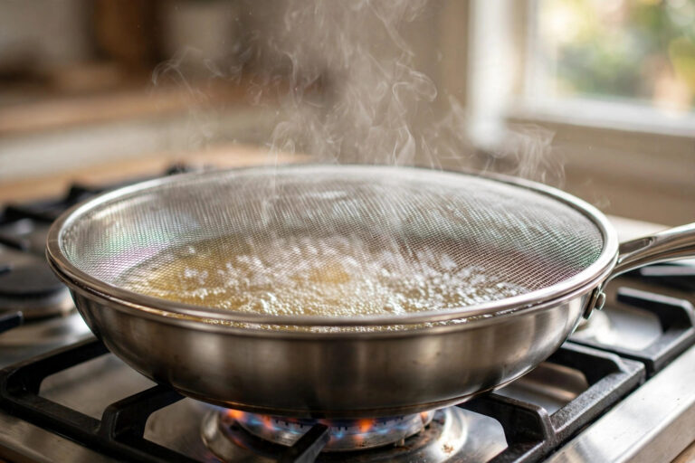 A frying pan with hot oil and a splatter guard lid on a stovetop, light steam rising, bright home kitchen.