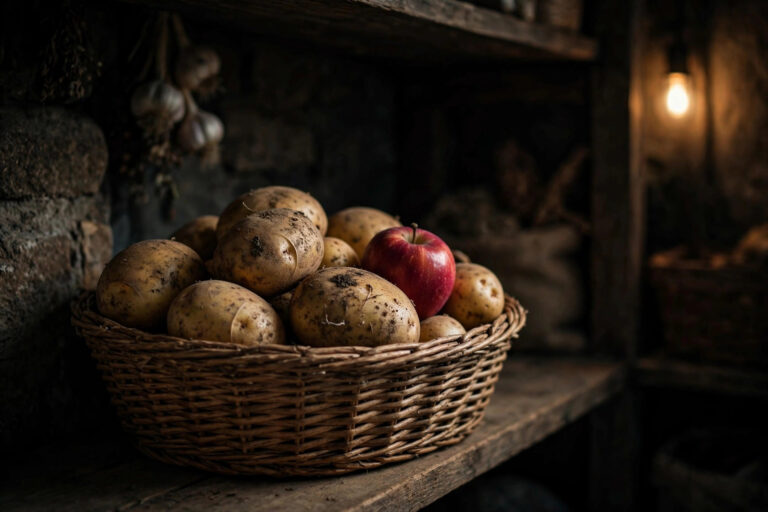 Fresh potatoes stored in a woven basket with a red apple tucked among them in a cool dark pantry.