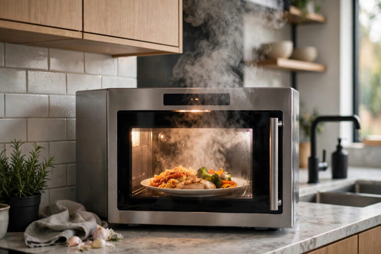 A microwave reheating a plate of leftovers with steam, kitchen interior.