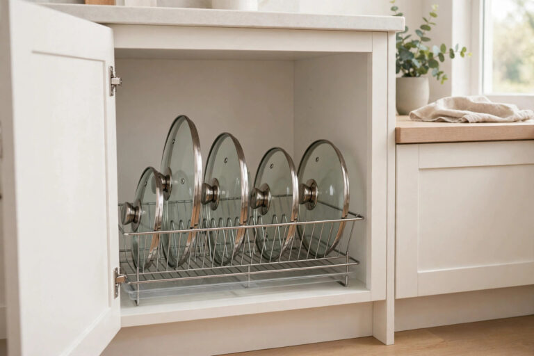 Turn an Old Dish Rack into a Pot Lid Organiser