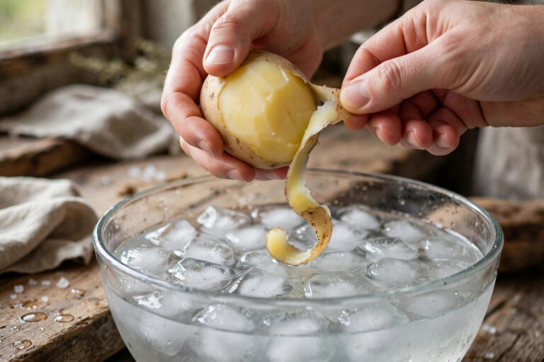 Hands peeling a boiled potato with the skin slipping off easily in one piece over a bowl of ice water in a home kitchen.