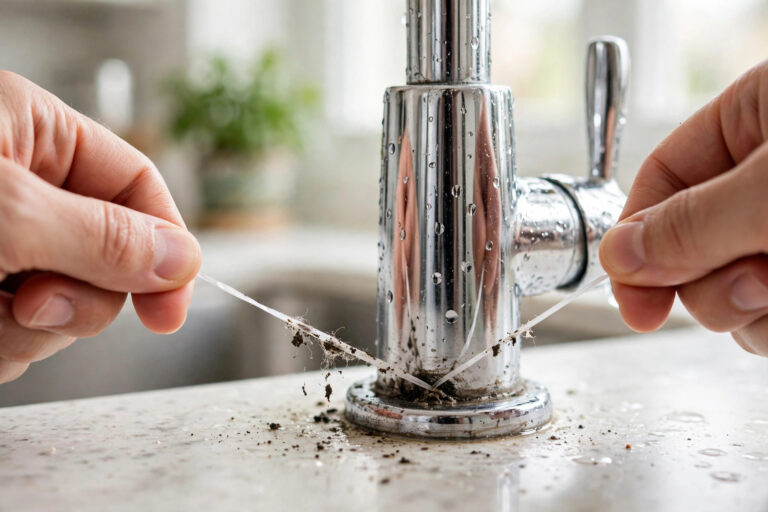 Clean Around Faucet Base: The Dental Floss Grime Trick