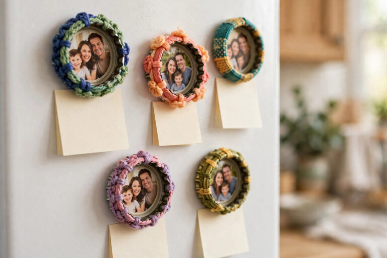 Colorful handmade bottle cap magnets on a white refrigerator door holding small photos and notes, bright kitchen.
