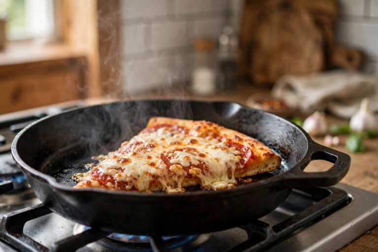 A pizza slice reheating in a cast-iron skillet on a stovetop, melted cheese, light steam rising.