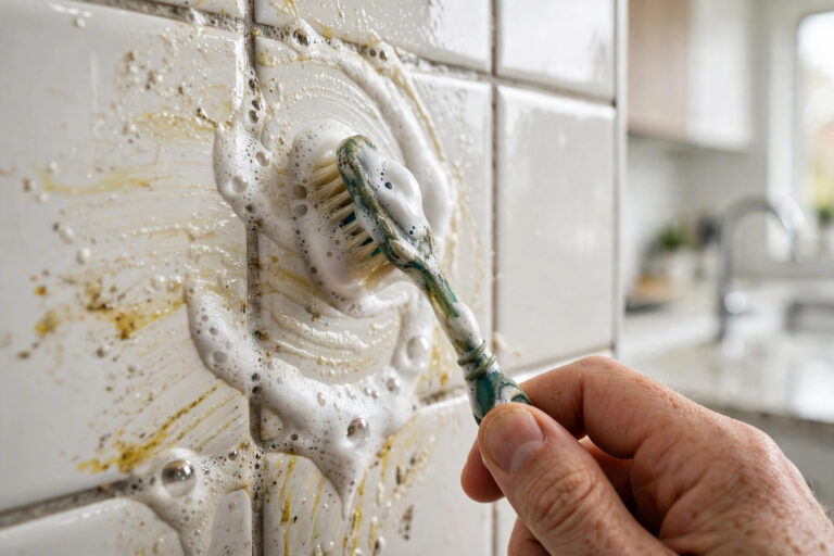 A hand scrubbing greasy kitchen wall tiles with a toothbrush and white toothpaste foam, bright clean kitchen backsplash.