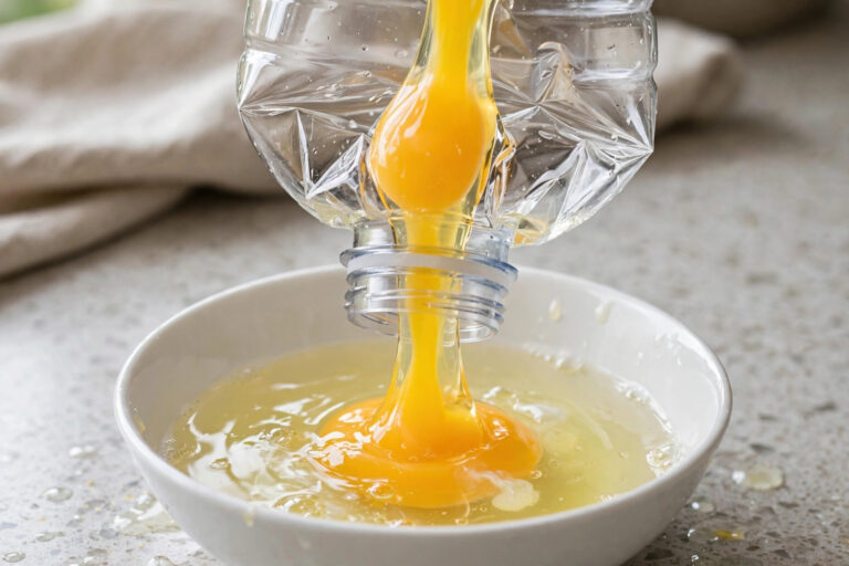 A plastic water bottle squeezed to suck up a bright egg yolk from a white bowl of egg whites on a kitchen counter.