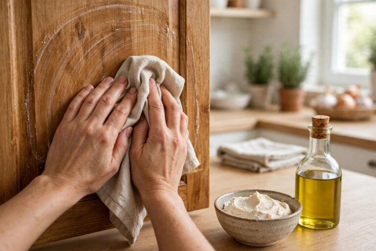 Clean Greasy Kitchen Cabinets with Oil and Baking Soda