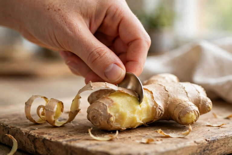 A hand peeling fresh ginger root with the edge of a teaspoon over a wooden cutting board, thin papery skin curling away.