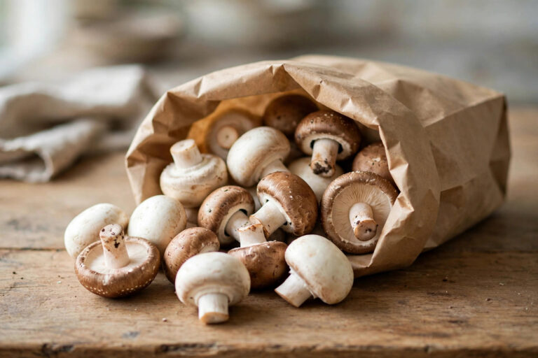 Fresh mushrooms stored in an open brown paper bag on a wooden kitchen counter.