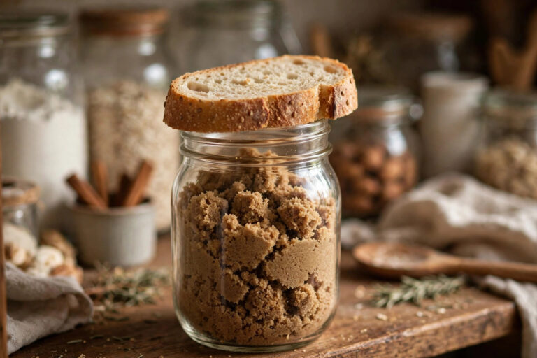 An open glass jar of soft brown sugar with a slice of fresh bread tucked on top, warm pantry shelf with baking ingredients.