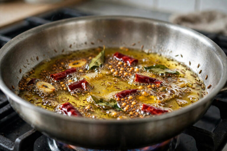 Spices sizzling in hot oil in a stainless steel pan on a stovetop, home kitchen.