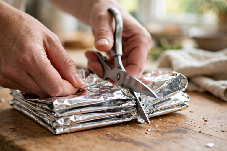Hands cutting through folded layers of aluminium foil with kitchen scissors on a wooden kitchen counter, close-up.