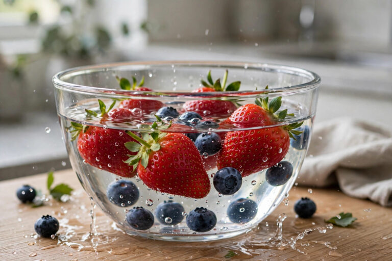 Fresh strawberries and blueberries being rinsed in a clear glass bowl of water on a kitchen counter.