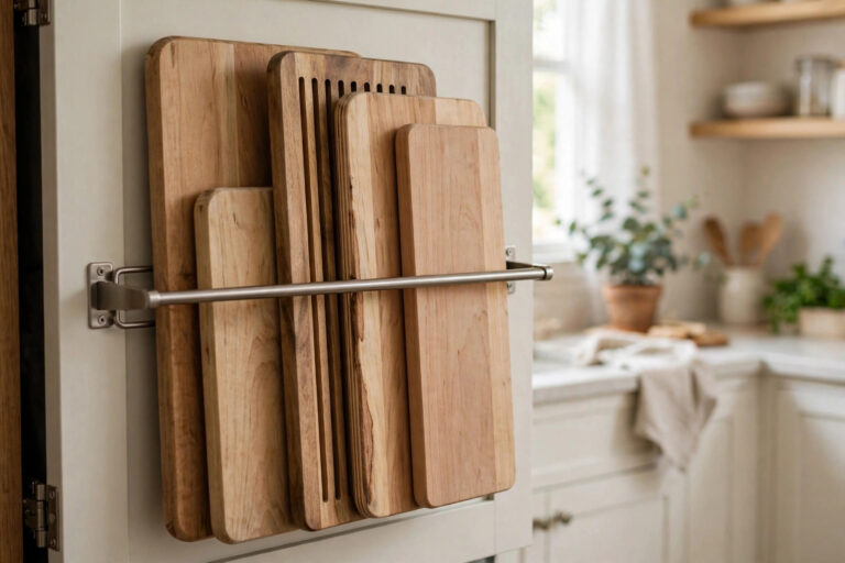 DIY Vertical Cutting Board Organiser from a Towel Bar
