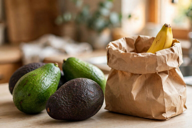 Ripe and unripe avocados next to an open brown paper bag with a banana on a kitchen counter, warm daylight.