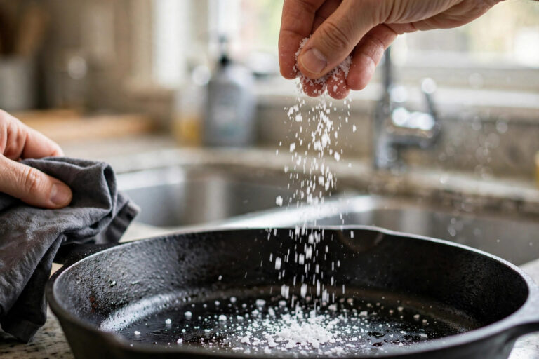 Coarse salt being sprinkled into a cast-iron skillet, hand with a cloth nearby.
