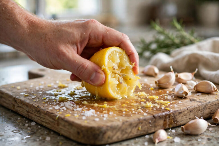 A hand rubbing a halved lemon over a wooden cutting board sprinkled with coarse salt, garlic cloves nearby on a kitchen counter.