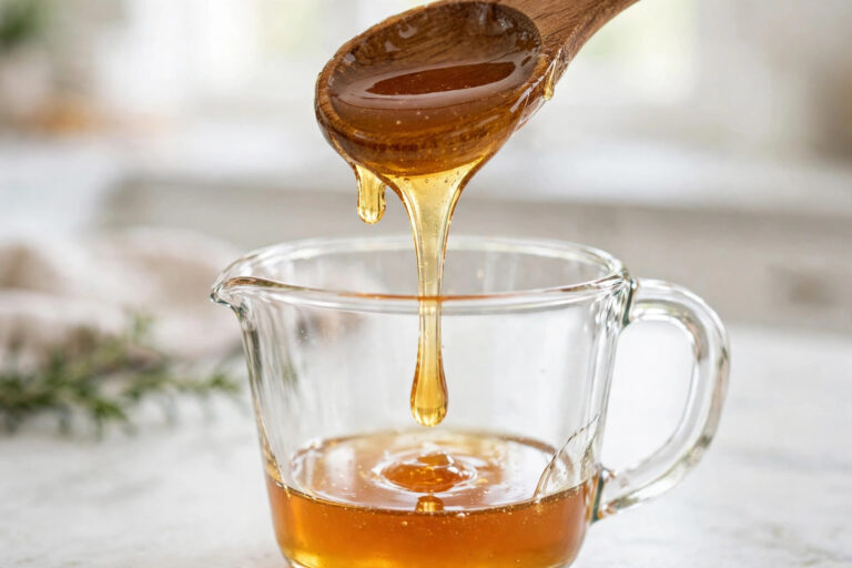 Golden honey drizzling off a spoon into a glass measuring cup on a bright kitchen counter.