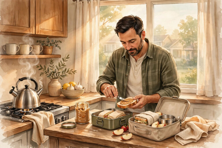 Painterly editorial illustration of a Nobel laureate making his children's school sandwiches