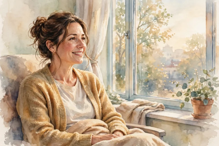 Painterly editorial illustration of a hopeful mother smiling by a bright hospital window