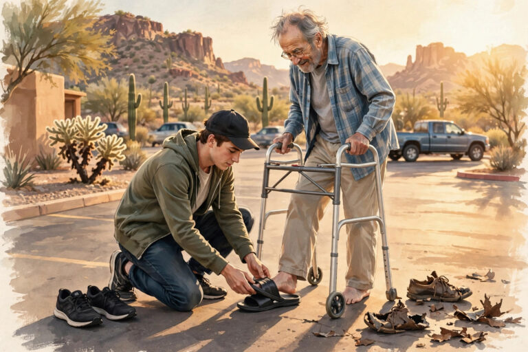 Editorial illustration of an Arizona teen giving his own shoes to an elderly man with a walker in a parking lot
