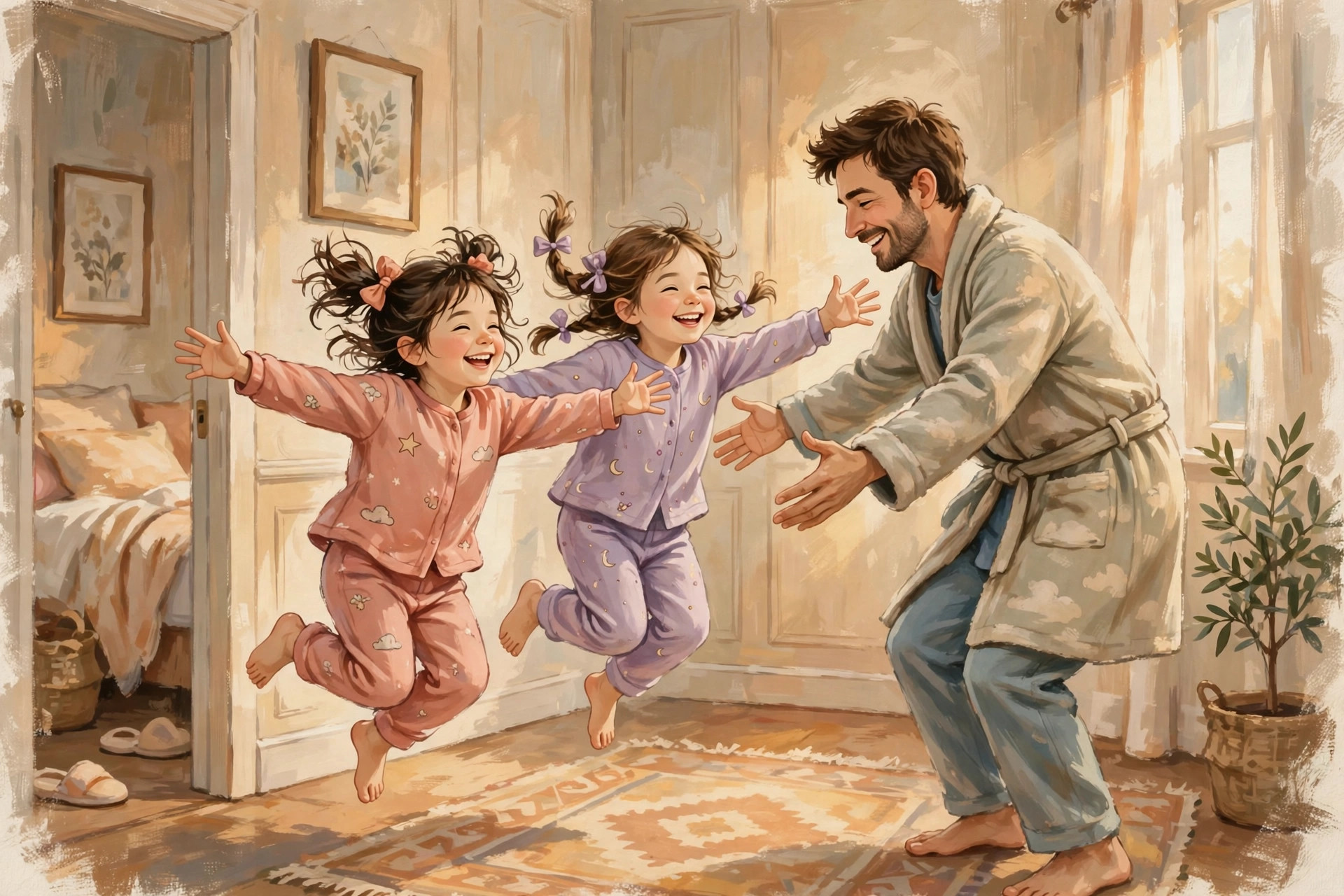 Painterly editorial illustration of a father in the early morning telling his young daughters the news while they rush to hug him