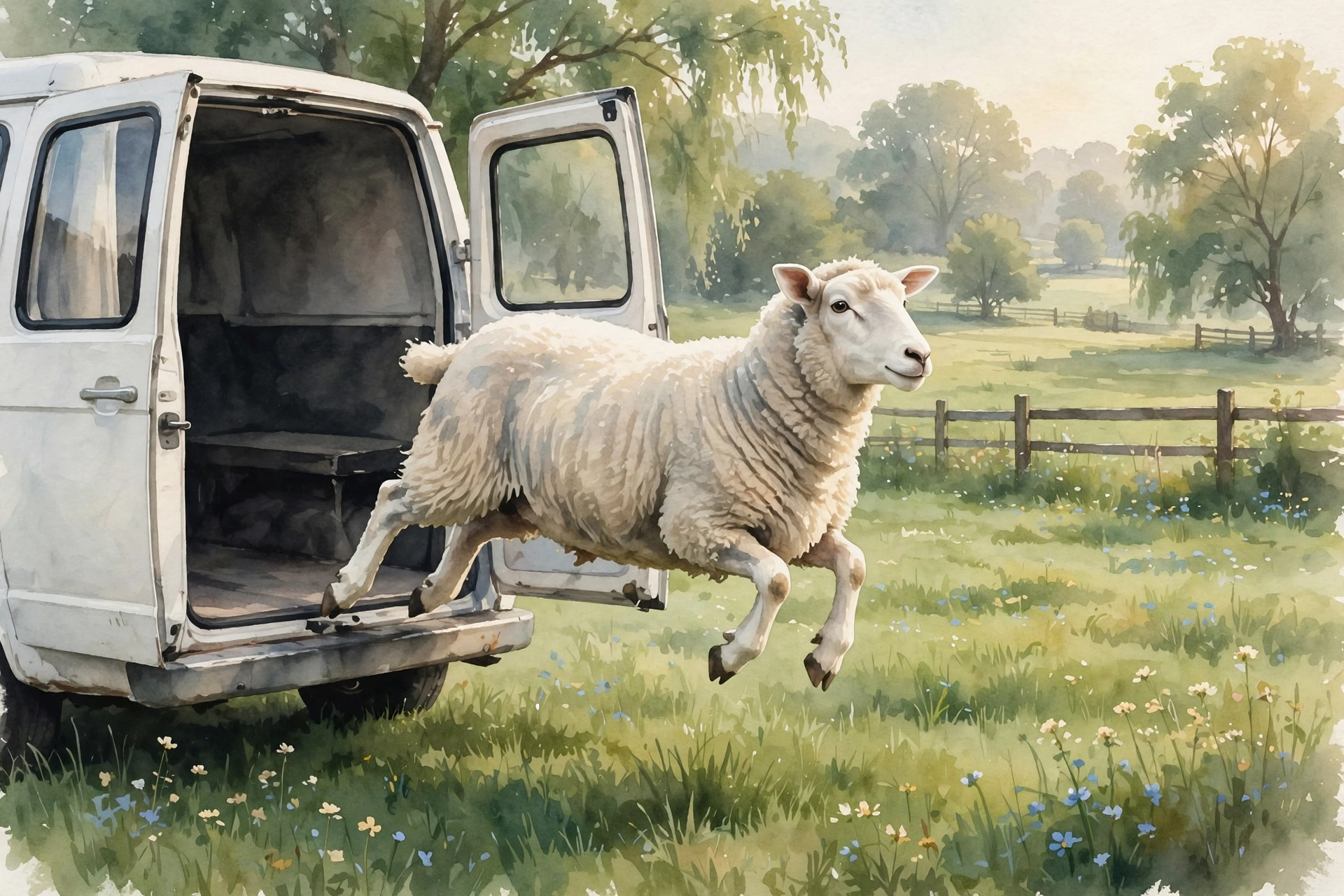 Painterly editorial illustration of a sheep stepping out of a rescue van into a green pasture for the first time