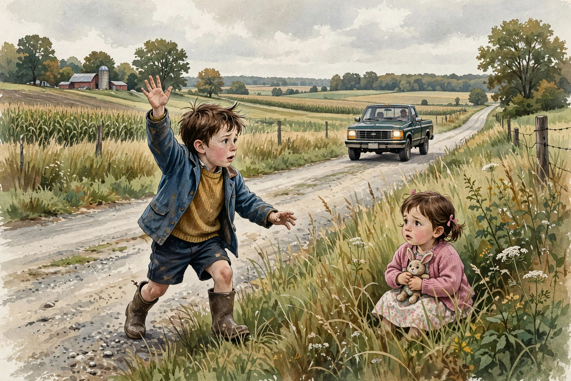Painterly editorial illustration of a small boy stepping into a rural road to flag down a passing truck while his little sister waits in the grass