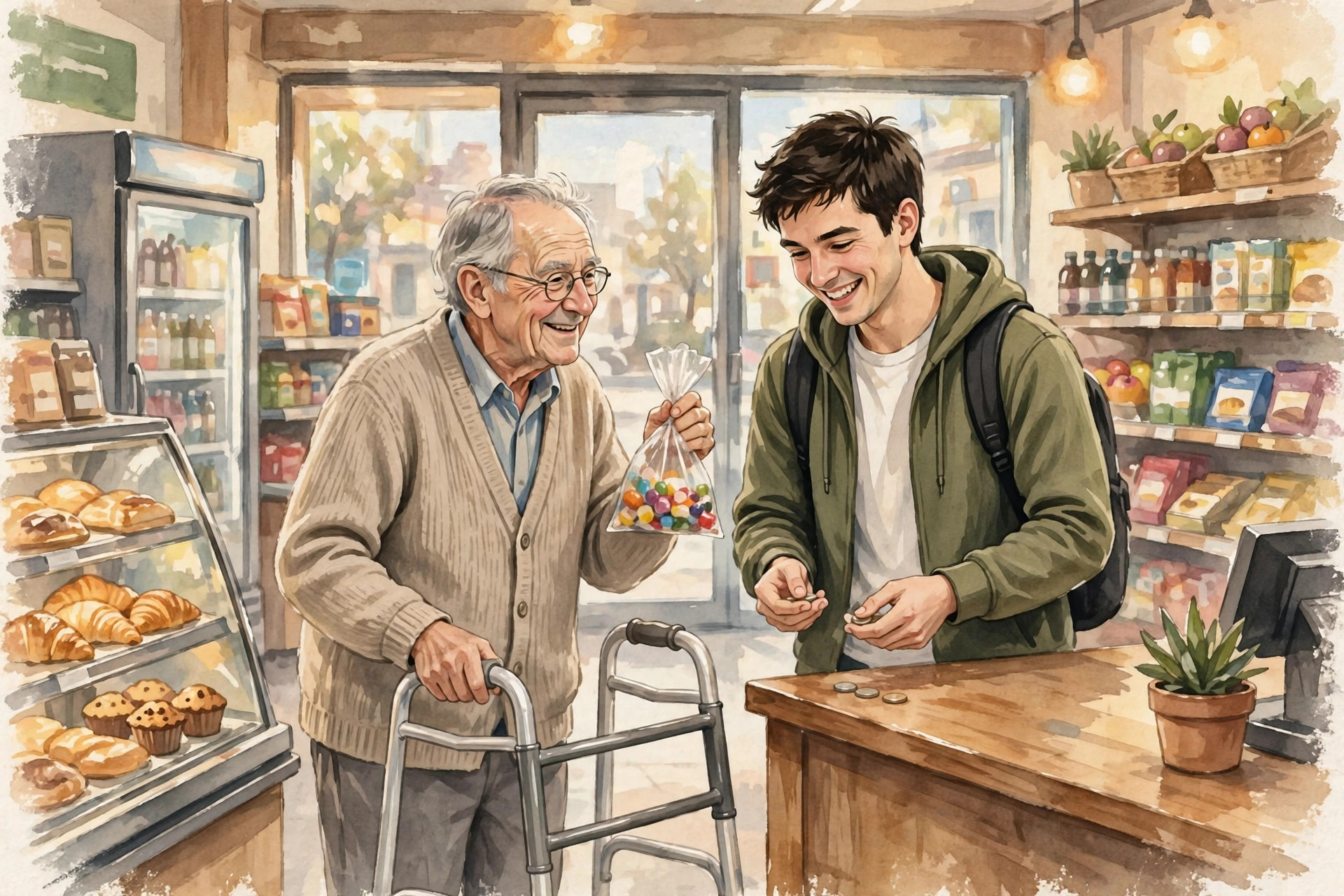 Painterly editorial illustration of a young man giving his own shoes to an elderly man with a walker