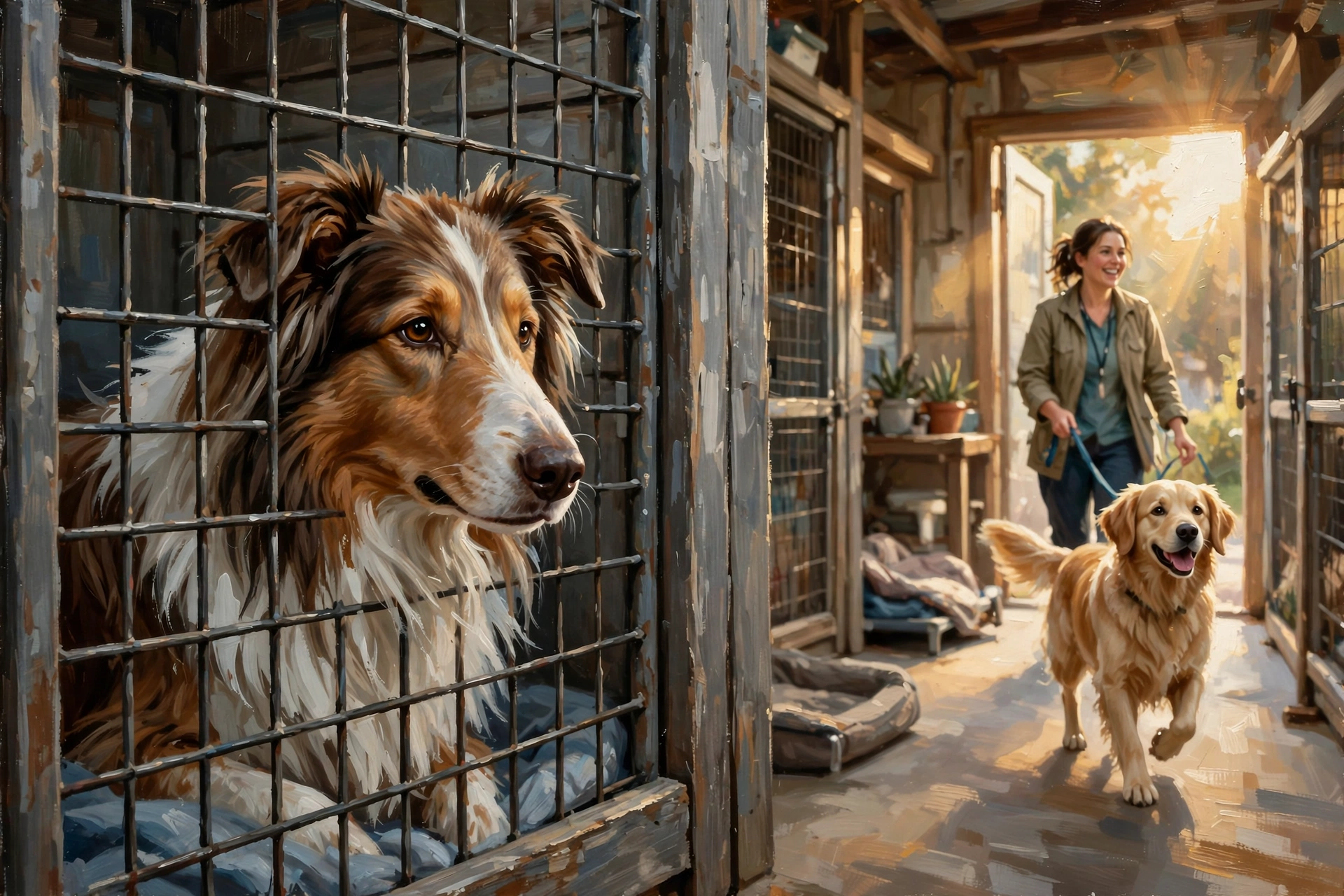 Painterly editorial illustration of a lonely Collie-cross dog waiting in a kennel at sunset