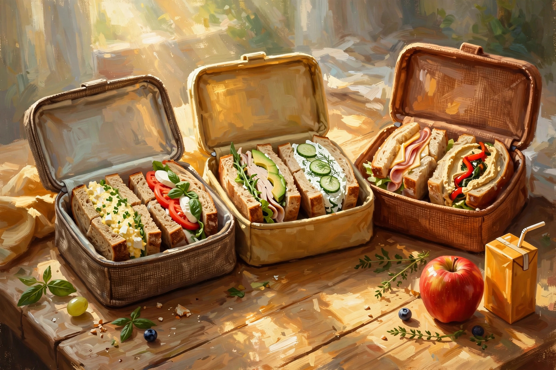 Painterly editorial illustration of a father in a sunlit kitchen making sandwiches and packing school lunchboxes in the early morning