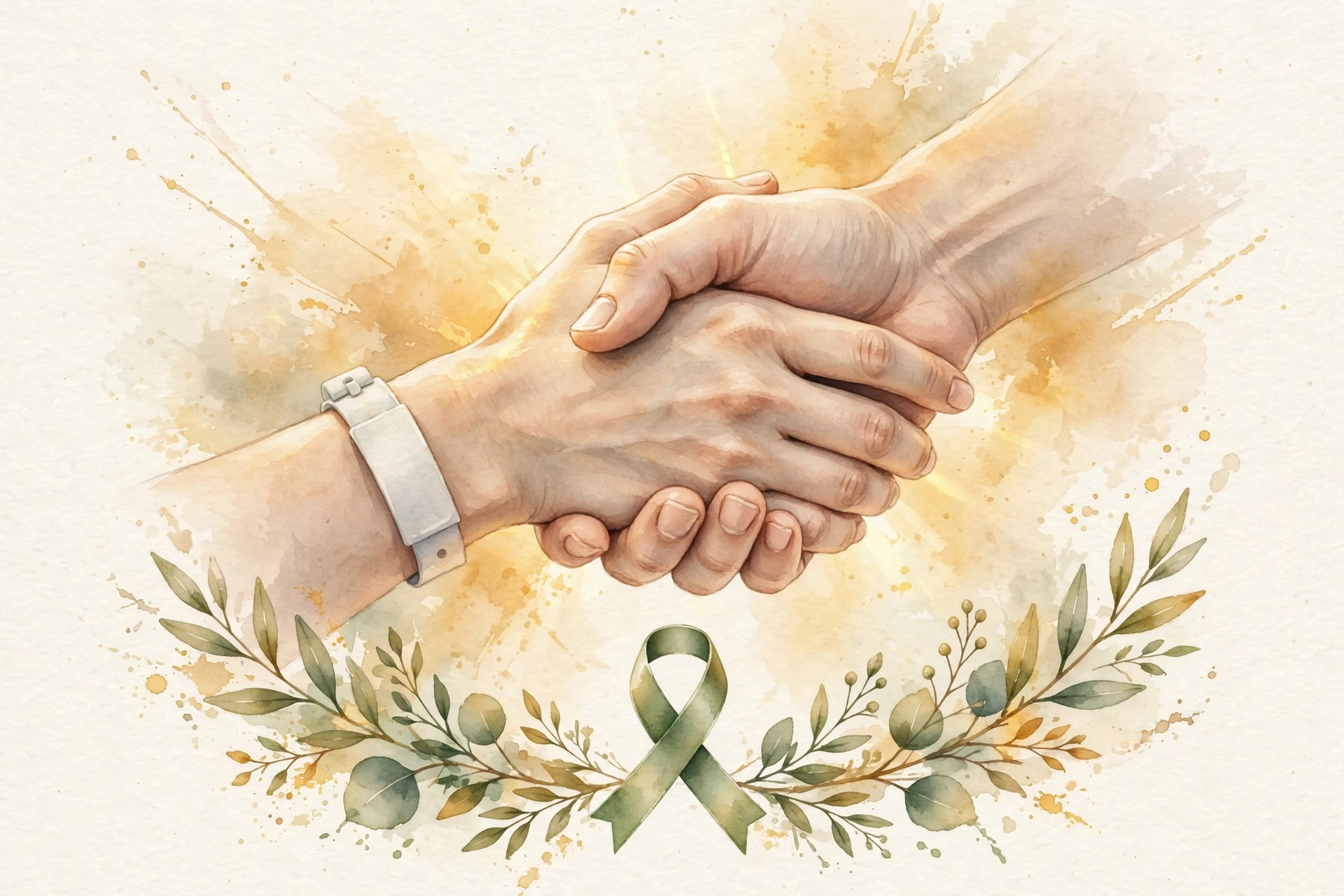 Painterly editorial illustration of two clasped hands, one wearing a hospital wristband, in warm light