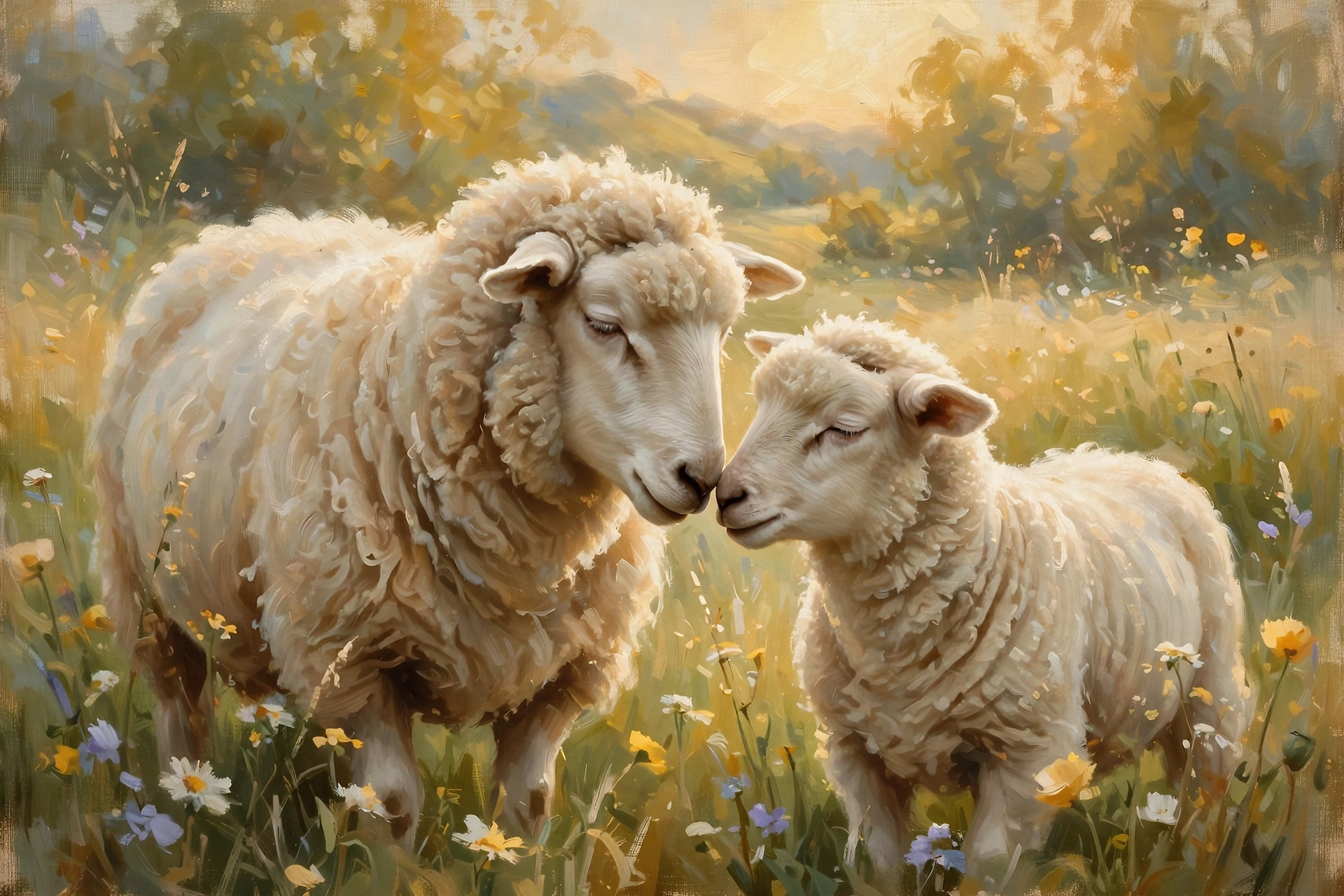 Painterly editorial illustration of two sheep nuzzling each other gently in a sunny meadow