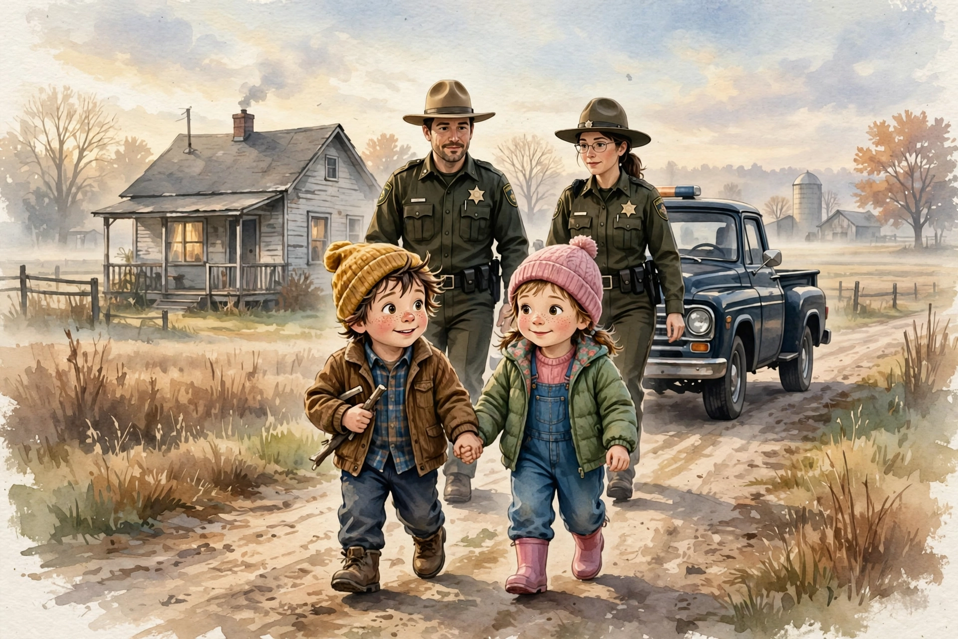 Painterly editorial illustration of two small children leading a pickup truck and sheriff's deputies to a rural house at dawn