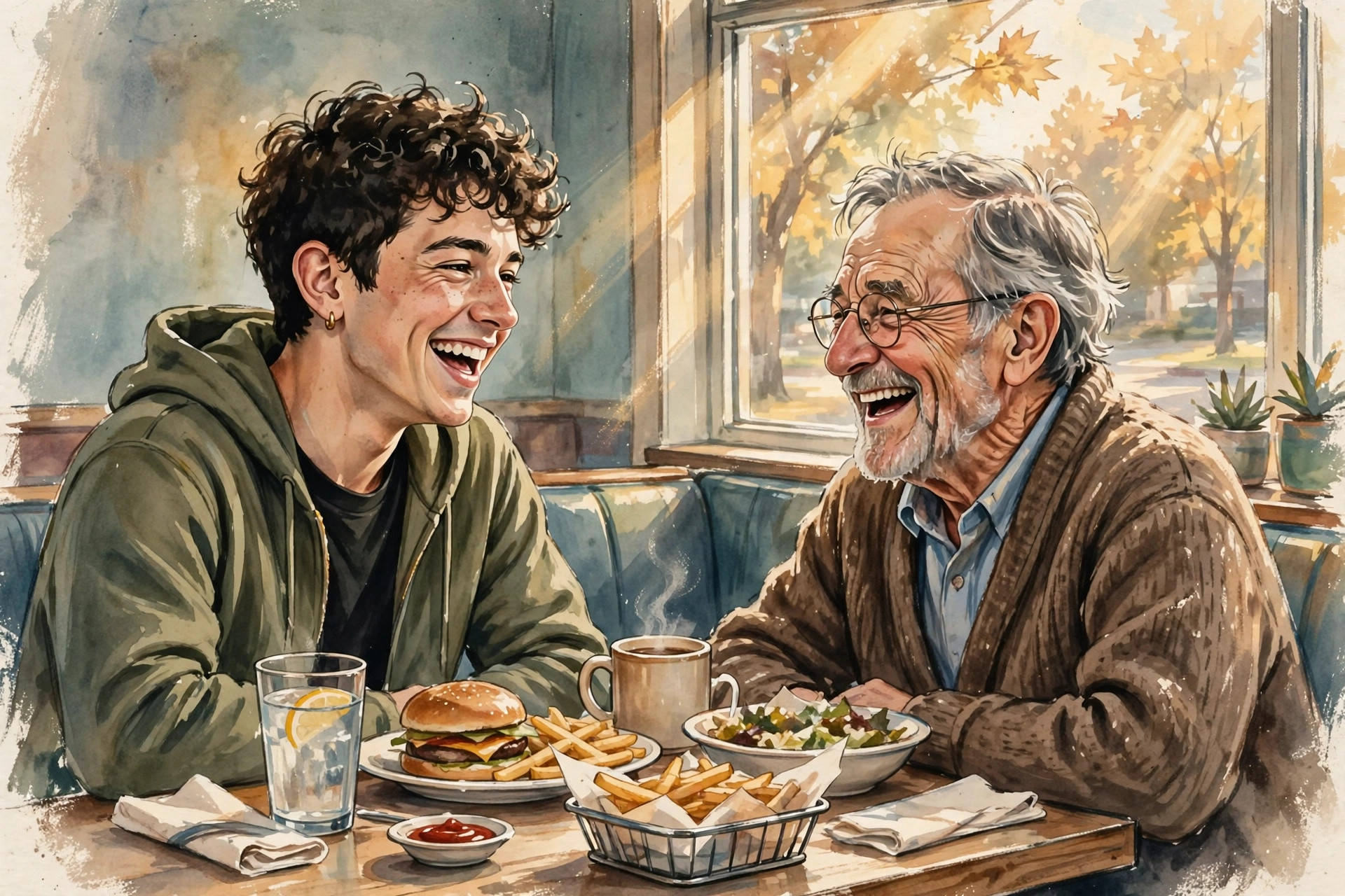 Painterly editorial illustration of the young man paying at a store counter while the elderly man holds a bag of candy