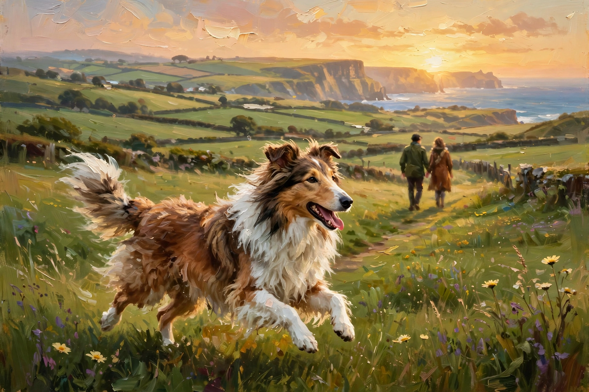 Painterly editorial illustration of kennel staff filming a Collie-cross dog for TikTok in a sunny garden