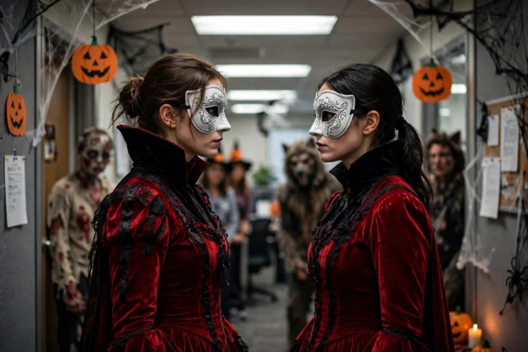 Two office co-workers wearing identical vampire queen Halloween costumes at an office costume contest