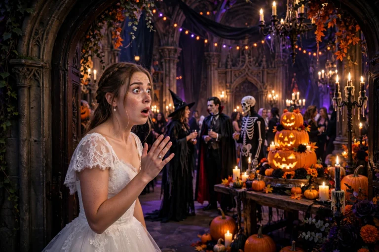 A bride in a white gown standing at the entrance of a candlelit ballroom decorated with pumpkins while costumed wedding guests turn to look at her.