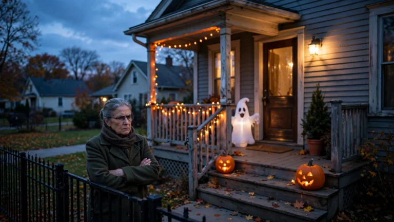 Suburban house porch at dusk with small inflatable Halloween ghost, pumpkins and orange lights, disapproving older woman at the gate