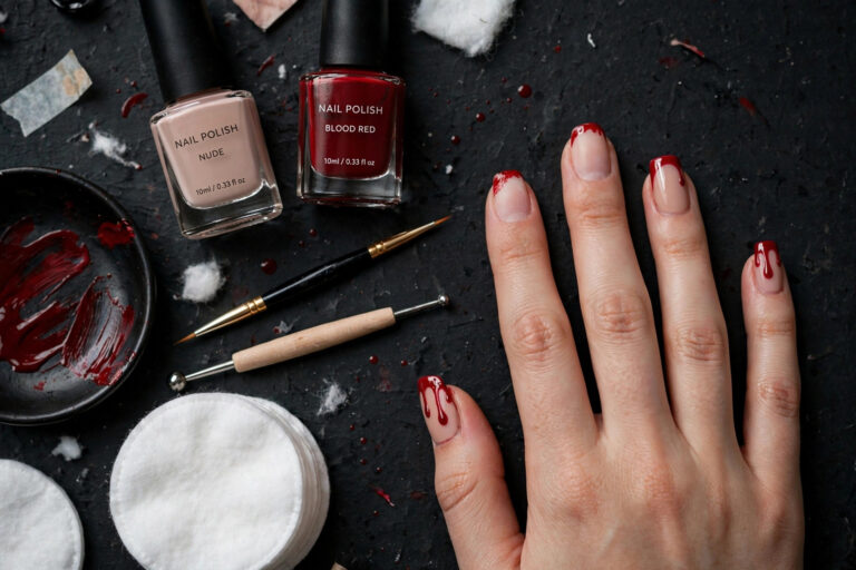 Halloween nail art supplies flat-lay