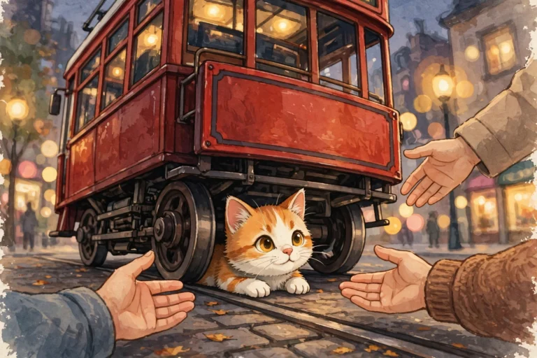 An orange and white cat under a red streetcar