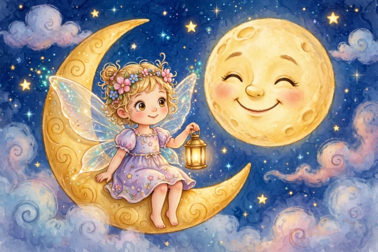 Nanhi pari Roshni chand par baithi, muskurate chanda mama ke saath — Chanda Mama aur Nanhi Pari Urdu kahani
