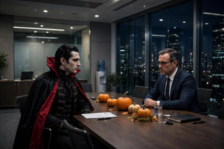 Woman in vampire boss Halloween costume at office meeting table