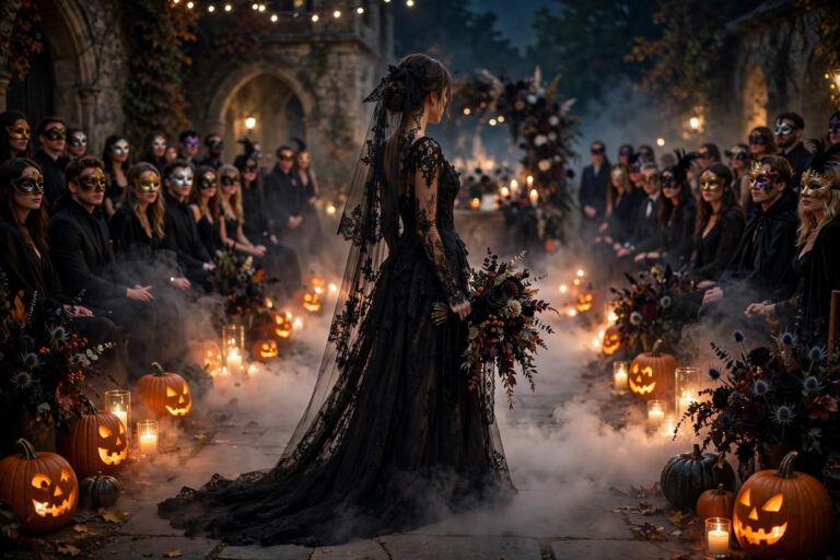 Bride in a black lace gothic gown walking down a candlelit Halloween wedding aisle